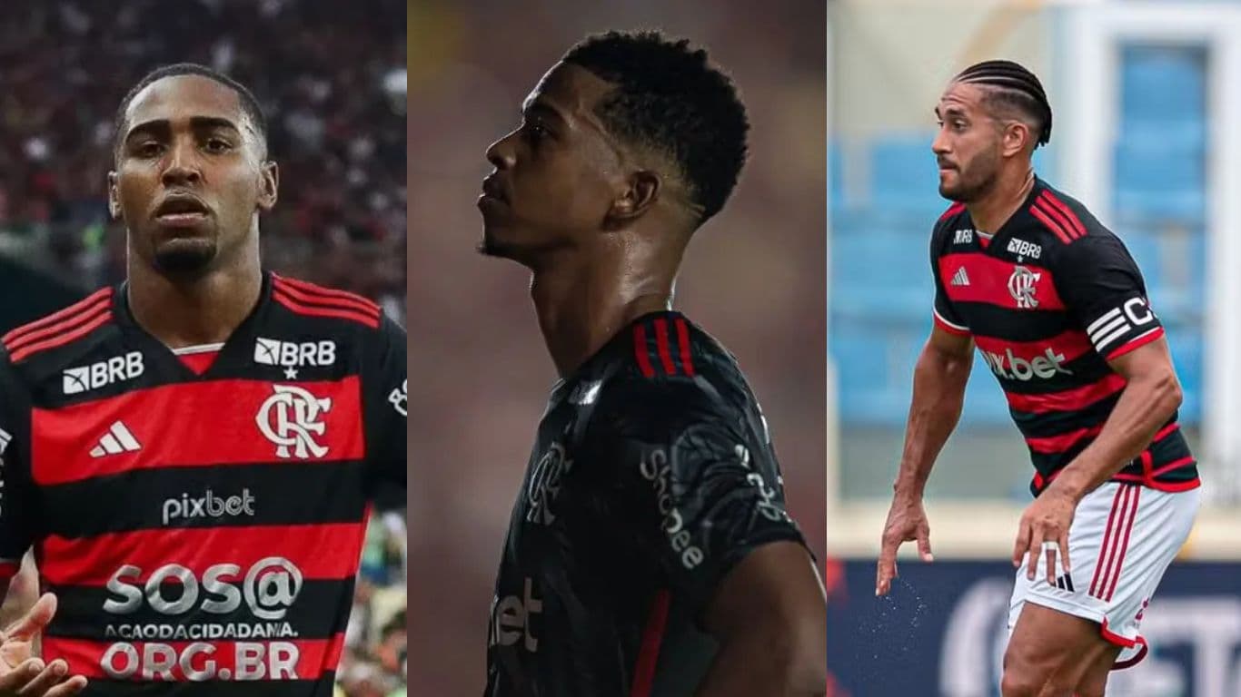 montagem com lorran a esquerda, carlinhos centralizado e pablo na direita. todos com a camisa do Flamengo