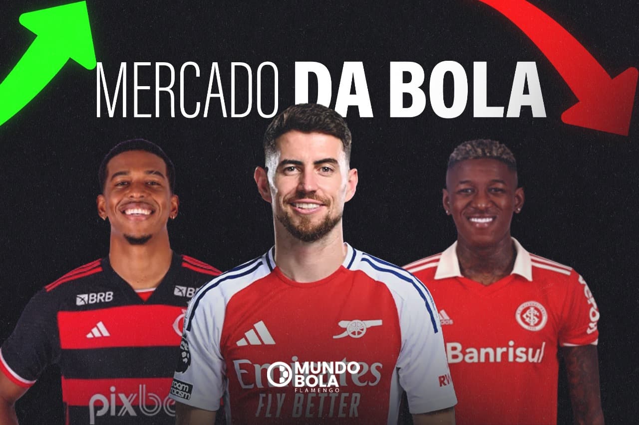 Montagem com Vitão, do Internacional, na direita. No meio, jorginho vestindo a camisa do arsenal, e a esquerda, carlinhos com a camisa do flamengo. acima, os dizeres "mercado da bola", com uma seta verde na esquerda e outra vermelha na direita