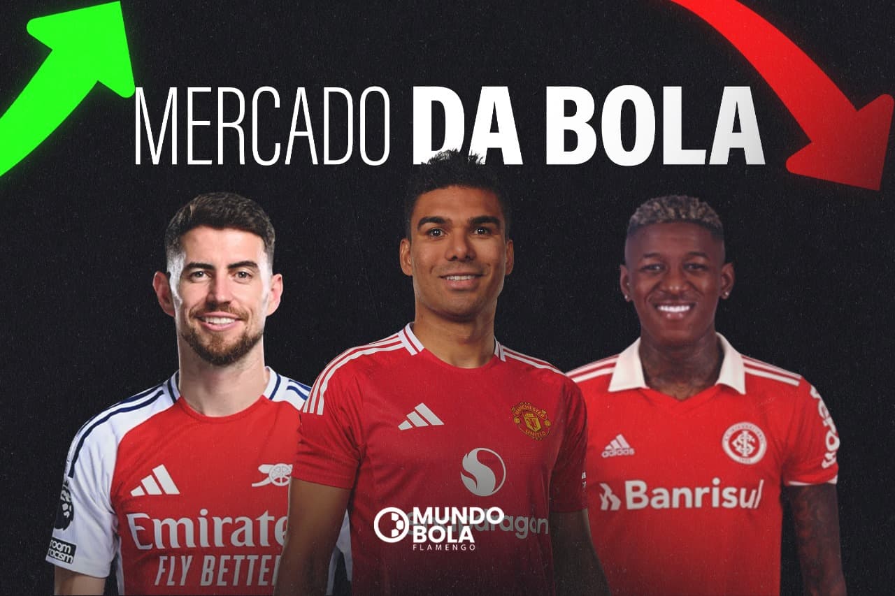 Montagem com Vitão, do Internacional, na direita. No meio, casemiro do manchester united, e a esquerda, Jorginho do Arsenal. acima os dizeres "mercado da bola" com uma seta verde na esquerda e outra vermelha na direita