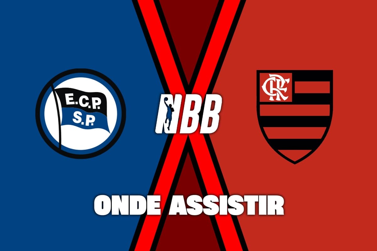 Escudos de Pinheiros e Flamengo divididos por um "X" indicando o confronto e a logo do NBB acompanhada de um letreiro escrito "onde assistir"