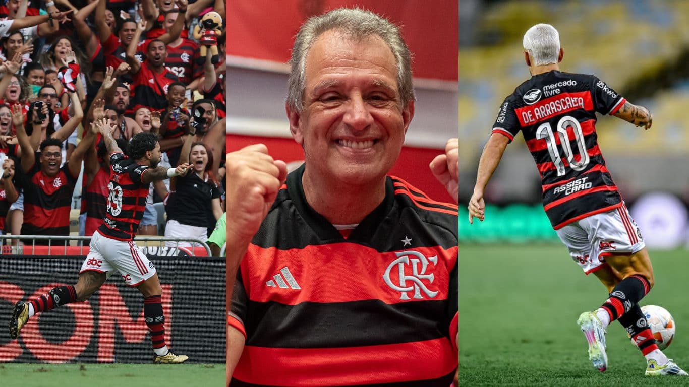 na esquerda gabigol, ao centro bap, na direita arrascaeta com a camisa 10