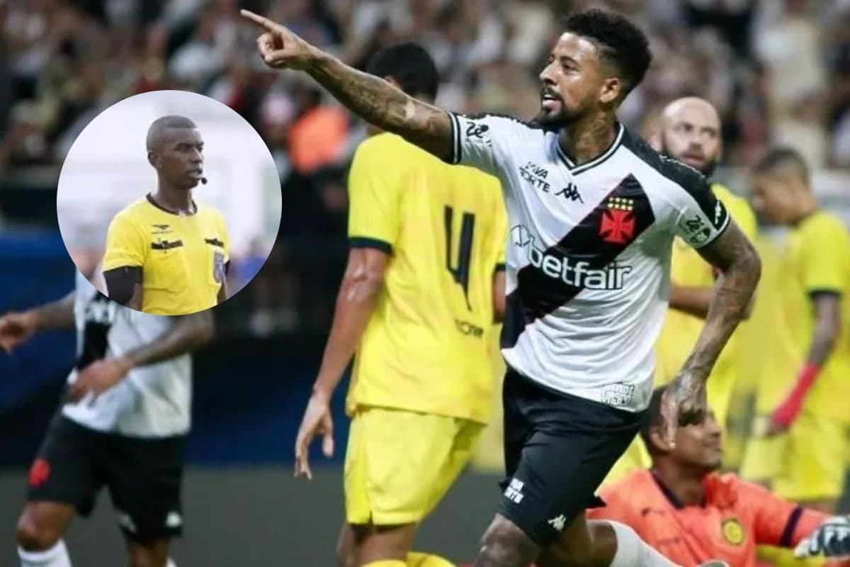 montagem com um jogador do vasco e ao lado uma foto do juiz julio cesar de oliveira