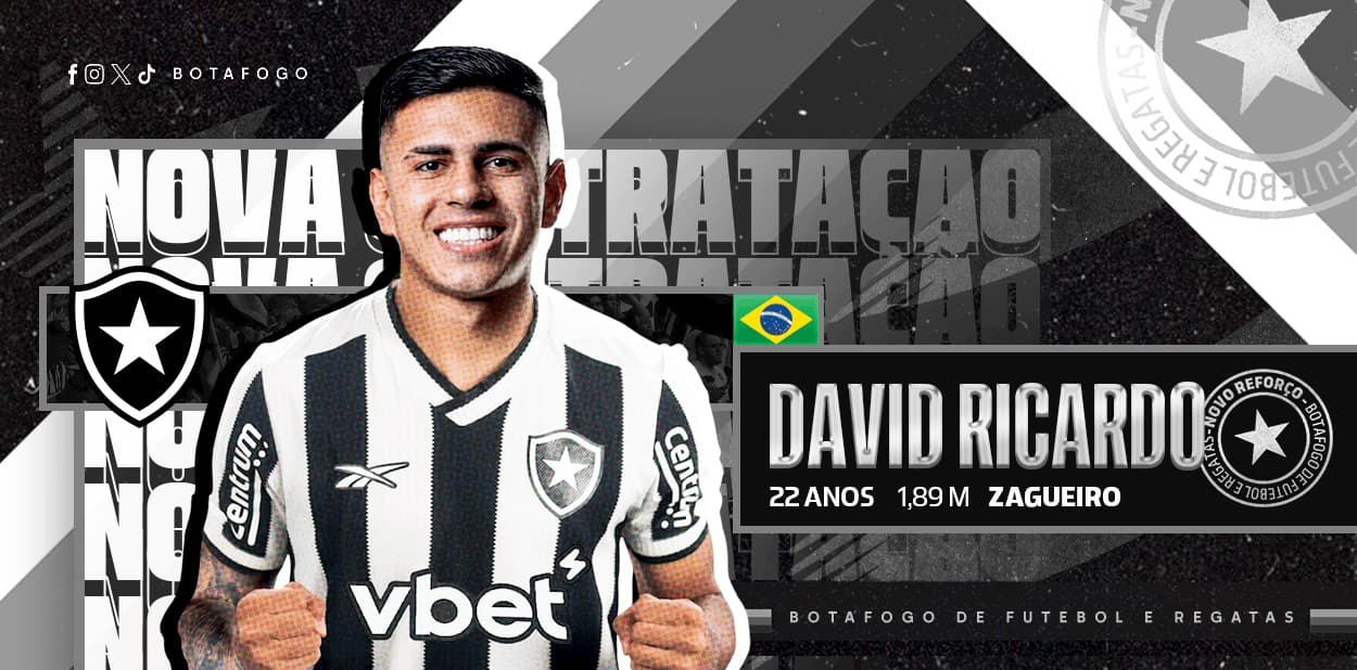 Em arte produzida pelo Botafogo, David Ricardo aparece vestido com o uniforme da equipe, ao lado de uma série de informações sobre o jogador