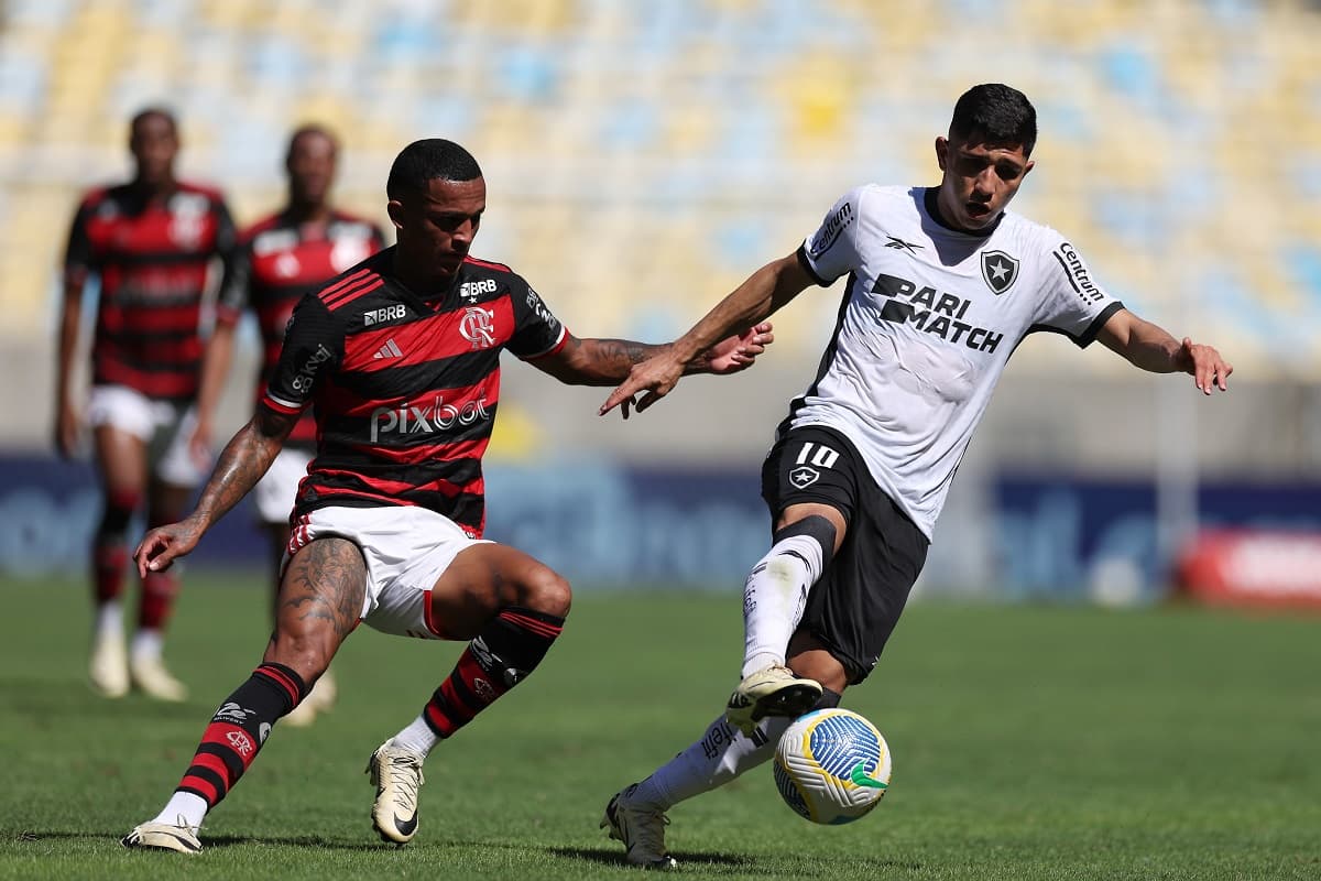 Wesley disputa bola com jogador do Botafogo em jogo de 2024