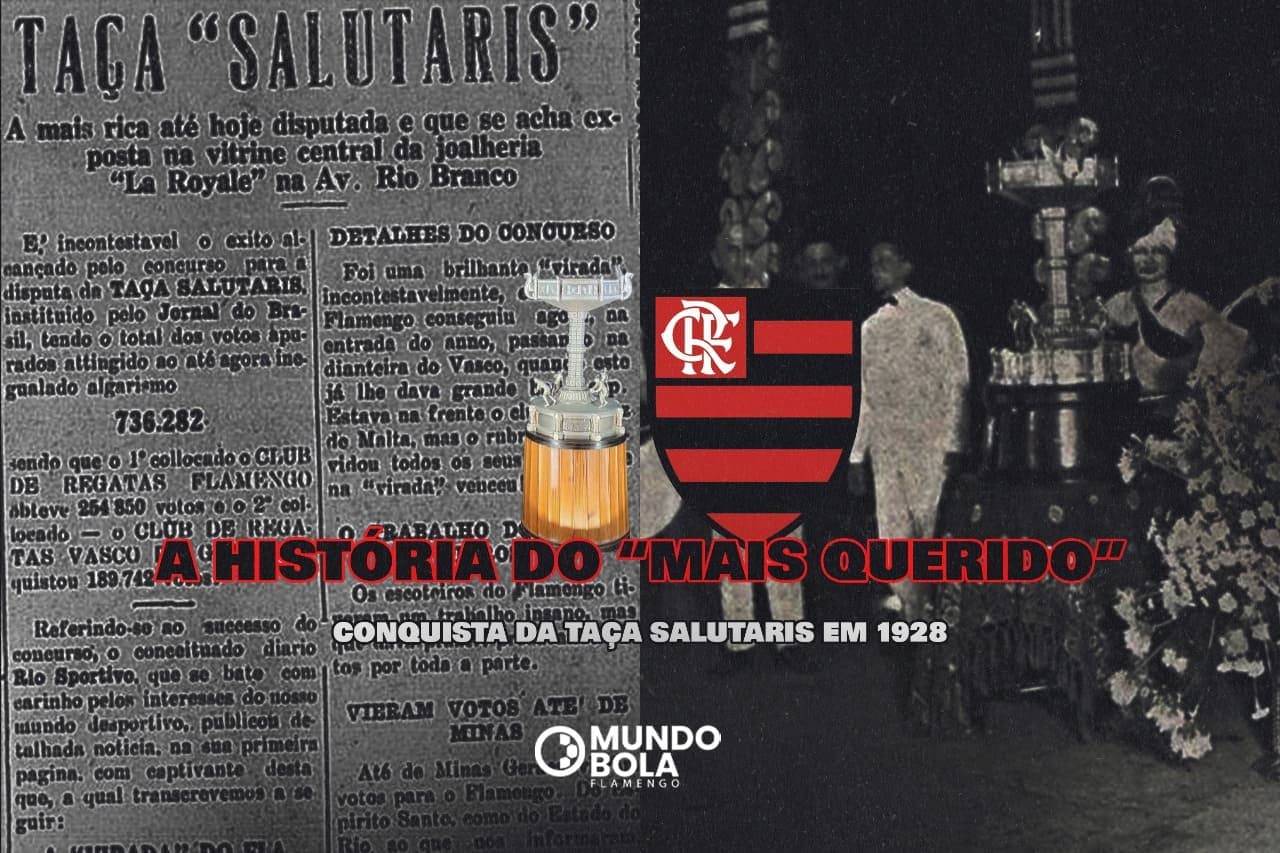Montagem com uma edição do jornal do brasil na esquerda e uma foto da cerimonia de entrega da taça salutaris em 1928 (ambas no fundoo). no centro, o escudo do flamengo ao lado da taça salutaris. abaixo, os dizeres: a história do "mais querido"