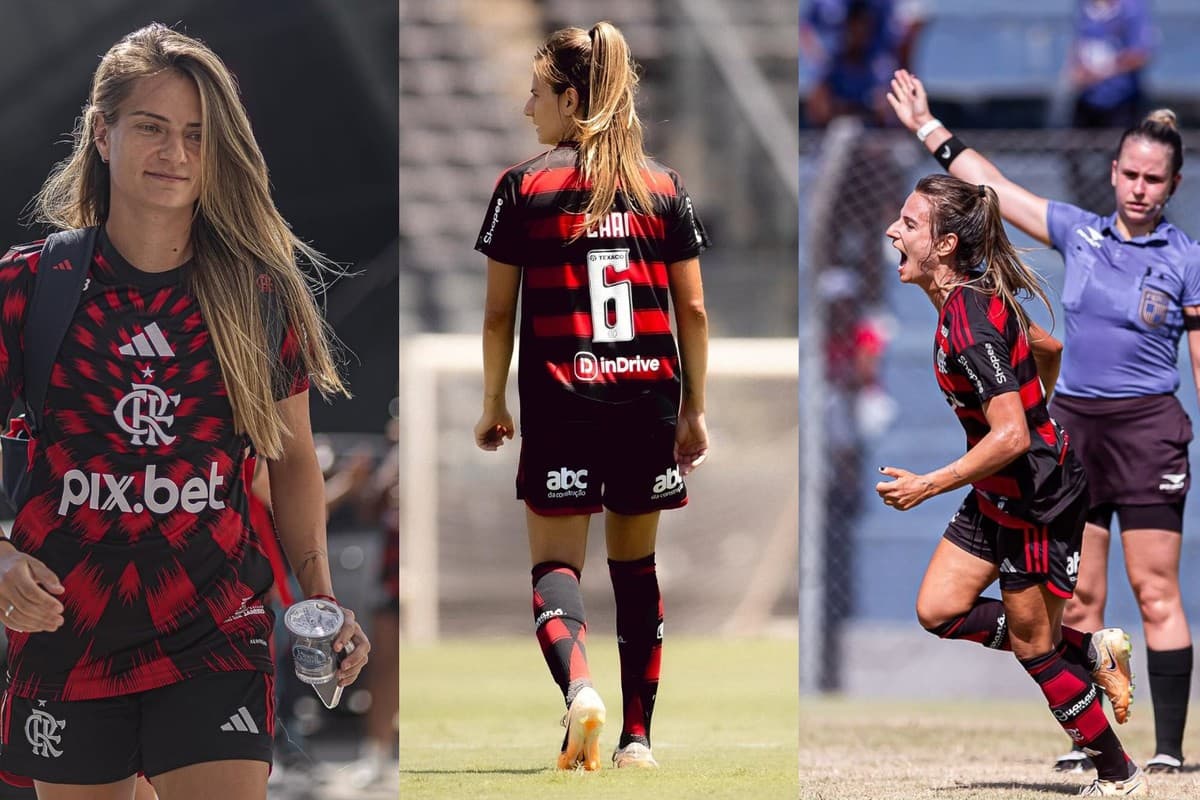 Uma montagem com três fotos da lateral Chai, na primeira ela está de cabelo solto e mochila, sorrindo. Na segunda está de costas com o Manto, dentro de campo e na última está correndo comemorando um gol e vibrando