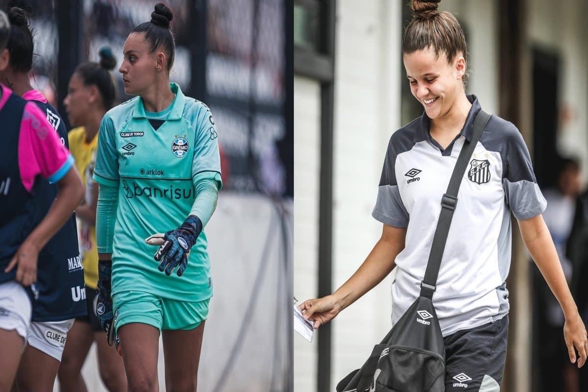 Na direita temos a goleira Isa e a esquerda a zagueira Duda, ambas com uniforme do Santos