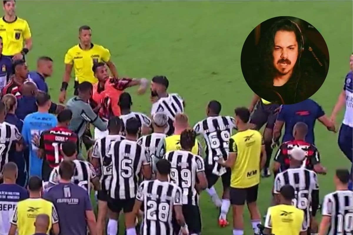 Montagem com a foto da confusão entre jogadores do Flamengo e Botafogo com a foto do dublador gustavo machado