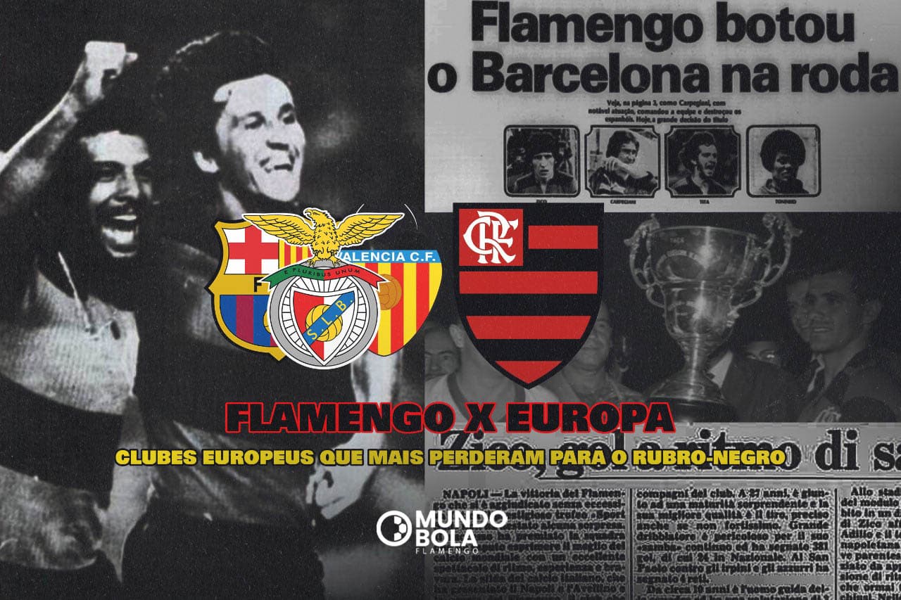 Montagem com foto de Zico e Júnior ao fundo, ao lado de manchetes de jornais e Evaristo segurando um troféu. Escudo do Flamengo, Benfica, Barcelona e Valencia no centro, abaixo, os dizeres "Flamengo x Europa"