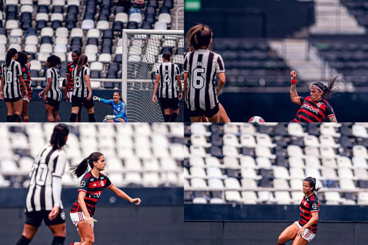 A imagem apresenta quatro fotos que mostram o embate entre as jogadoras do Flamengo e Botafogo. Ao fundo tem a arquibancada do estádio Nilton Santos, pintada de preto e branco