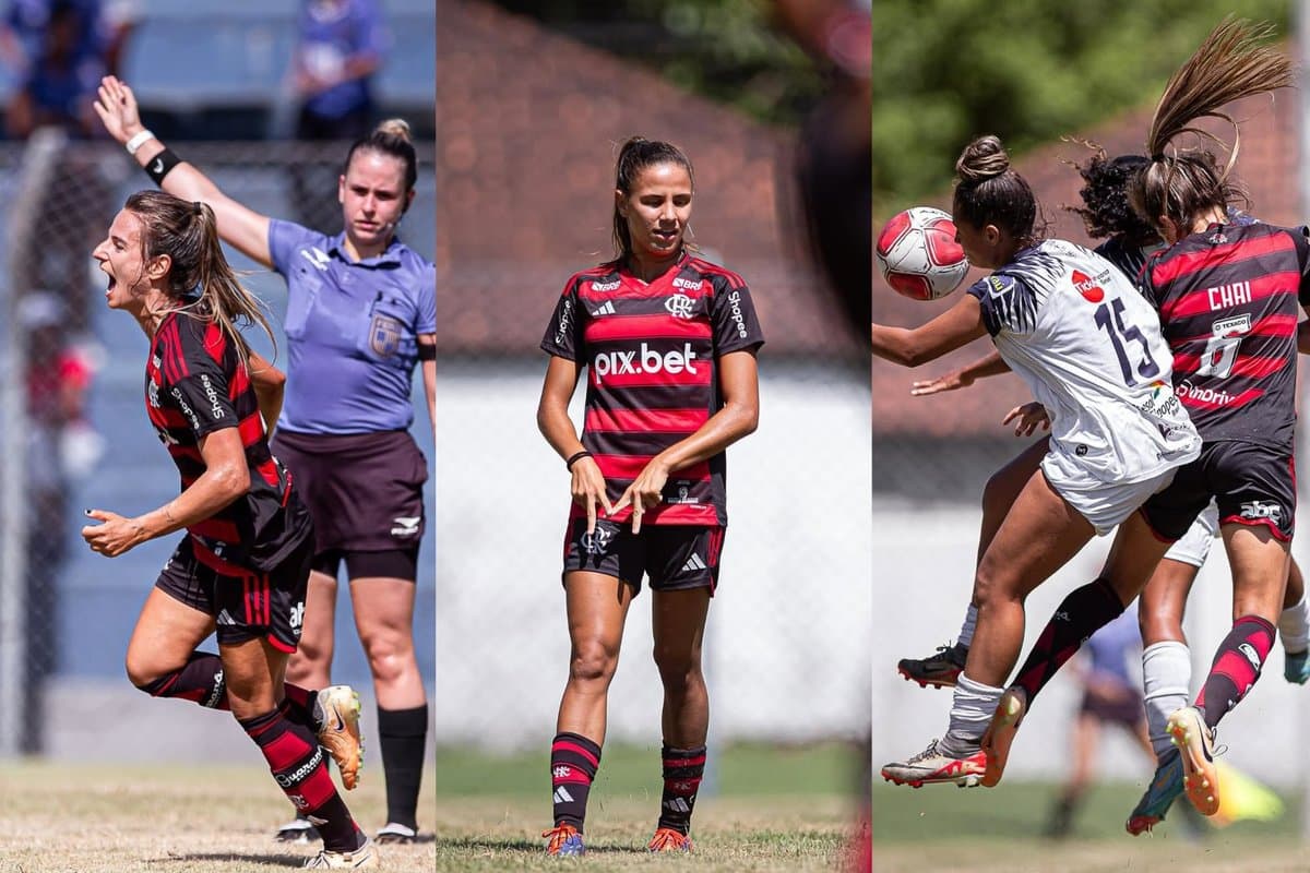 São 3 fotos das jogadoras Chai e Mariana Fernandes comemorando os seus gols contra o Pérolas Negras, Mariana faz o tradicional M com as mãos  e Chai vibra muito