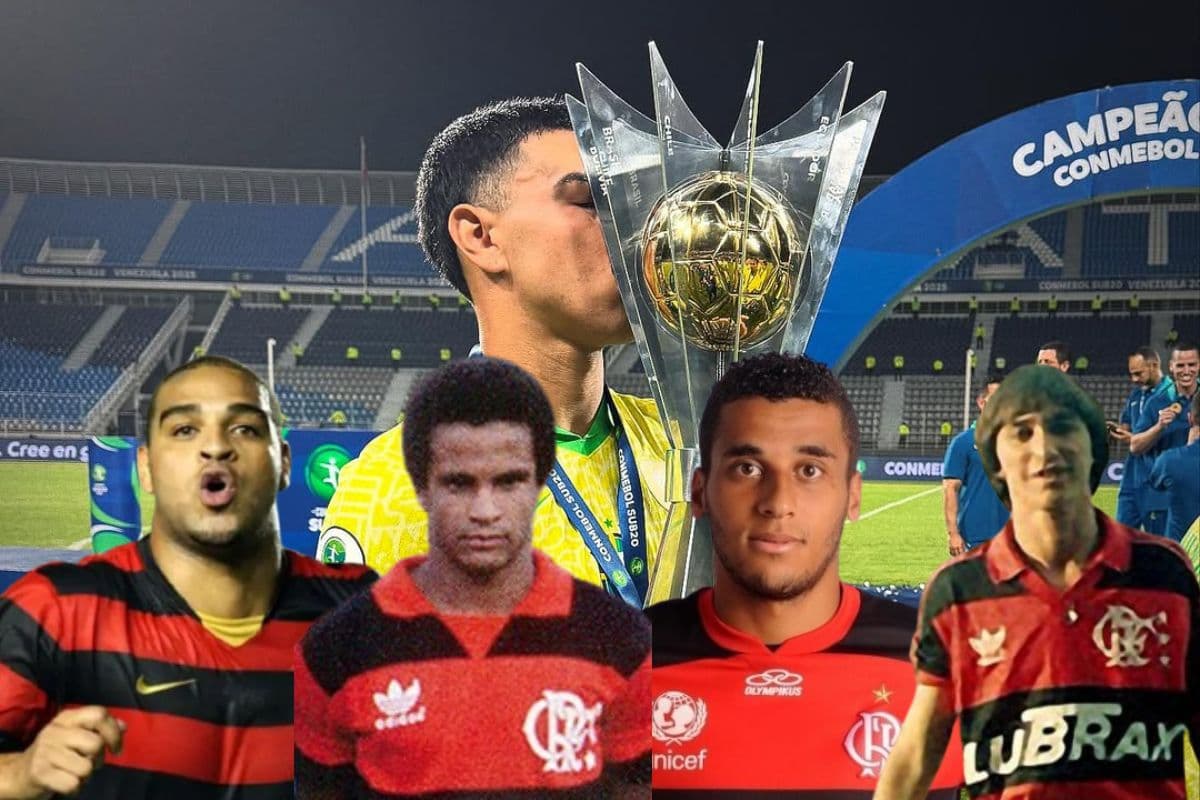 Montagem com iago com a taça do sul-americano sub-20 ao fundo. abaixo, os jogadores: adriano imperador, adalberto, welinton e paulo nunes
