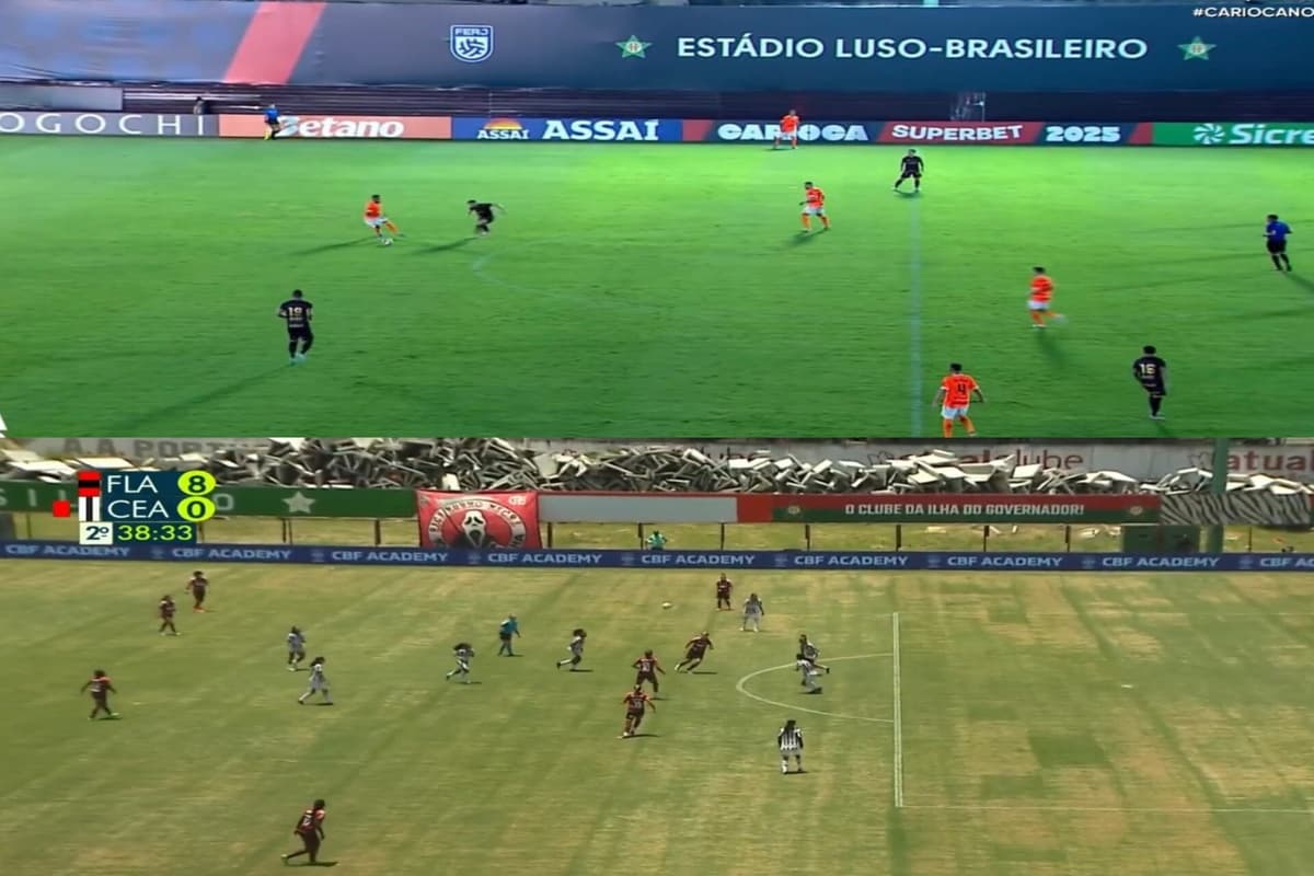São duas imagens opostas, um antes e depois do Estádio Luso Brasileiro, no antes temos um canteiro de obras e o campo com muitas falhas, na imagem mais recente, o cenário é outro: um campo mais verde e com menos falhas, o canteiro de obras foi coberto
