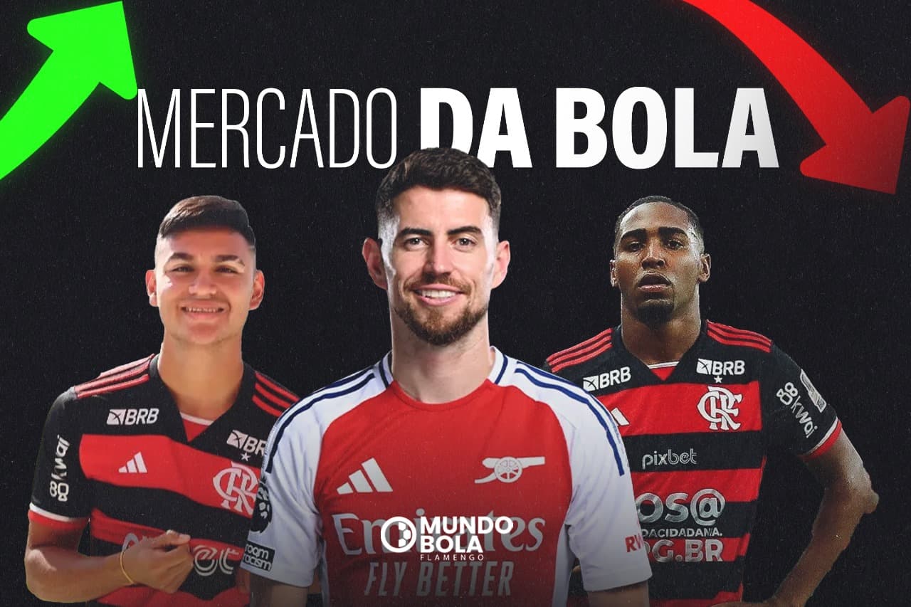montagem com jogadores da esquerda pra direita. alcaraz ex-flamengo, jorginho do arsenal e lorran do flamengo. acima, os dizeres mercado da bola e ao lado esquerdo, uma seta verde, e no direito uma seta vermelha