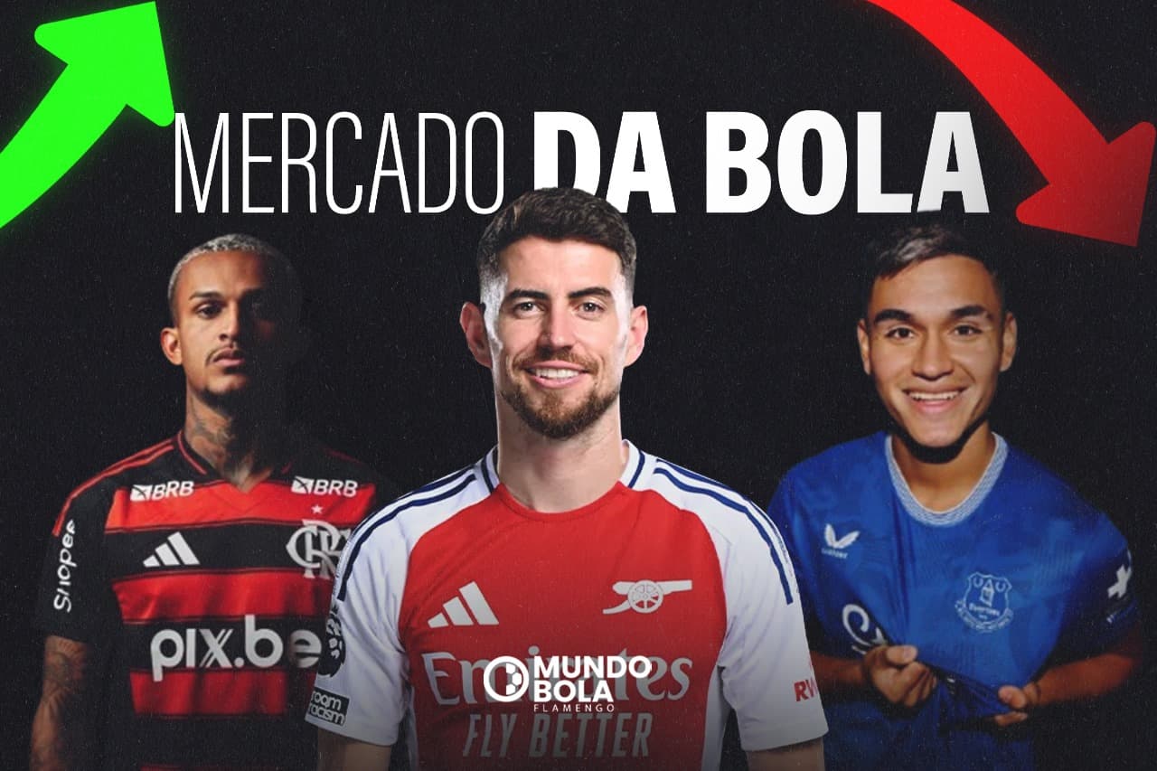 montagem com jogadores da esquerda pra direita. wesley do flamengo, jorginho do arsenal e alcaraz do everton. acima, os dizeres mercado da bola e ao lado esquerdo, uma seta verde, e no direito uma seta vermelha