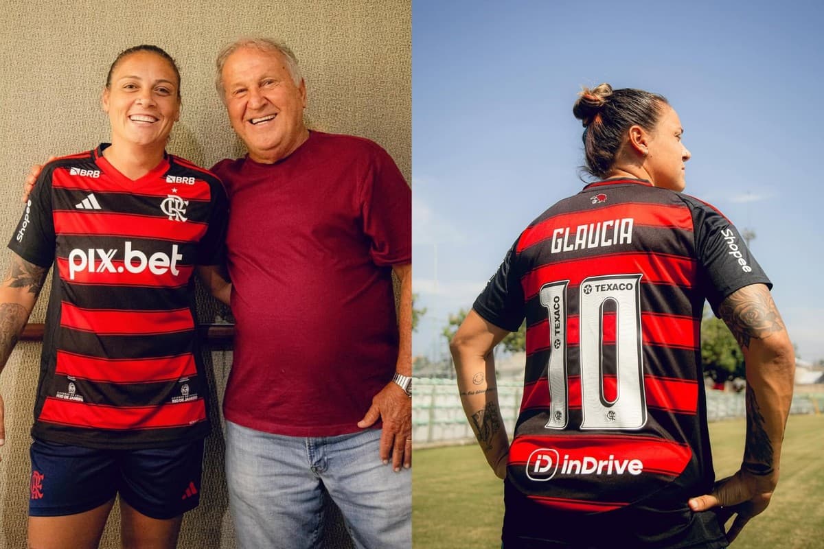 Glaucia e Zico posam sorrindo para foto e ao lado tem outra foto de Glaucia de costas com a camisa 10