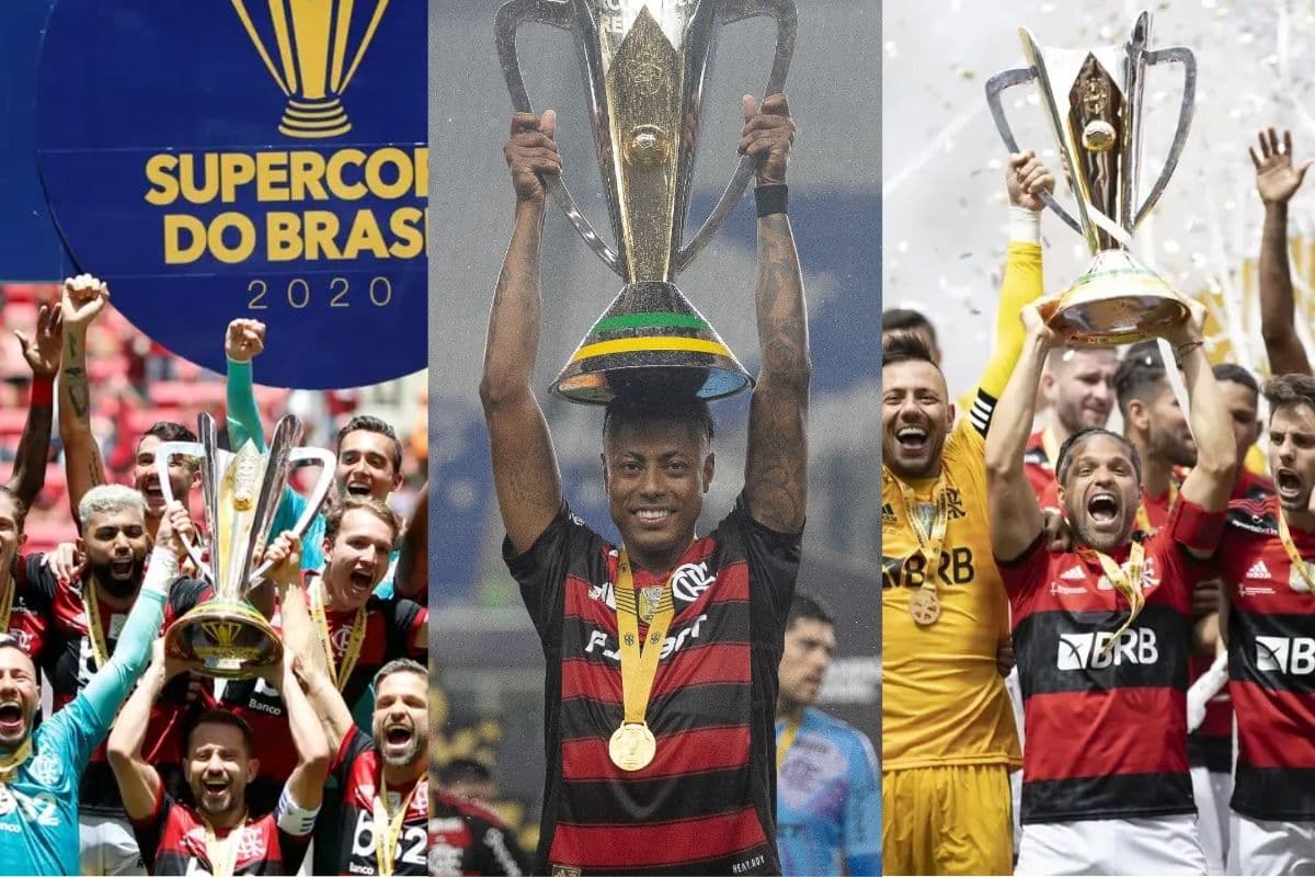 montagem com 3 imagens da esquerda pra direita: jogadores levantando a taça da supercopa de 2020, bruno henrique com o troféu de 2025 e jogadores com a conquista de 2021