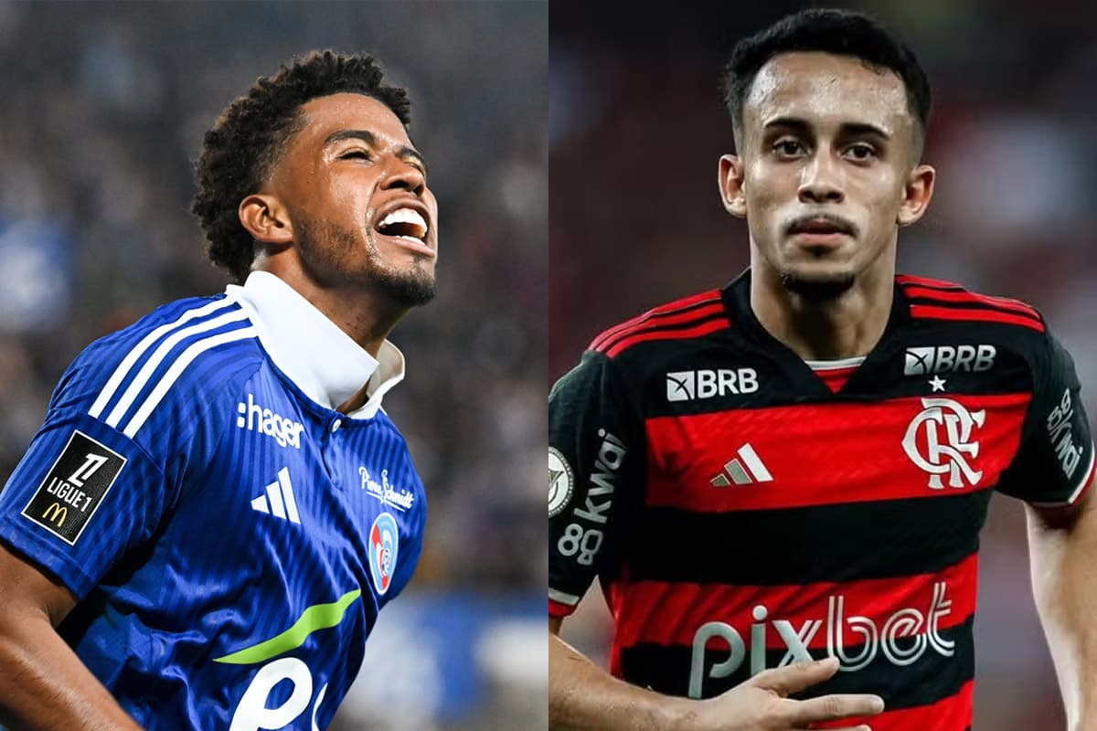 Montagem com Andrey Santos, do Strasbourg (esquerda) e Matheus Gonçalves, do Flamengo (direita)