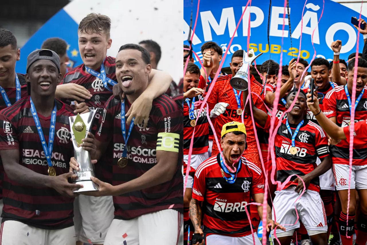 Montagem com o Flemengo com a taça do Brasileirão Sub-20 em 2019 e 2023