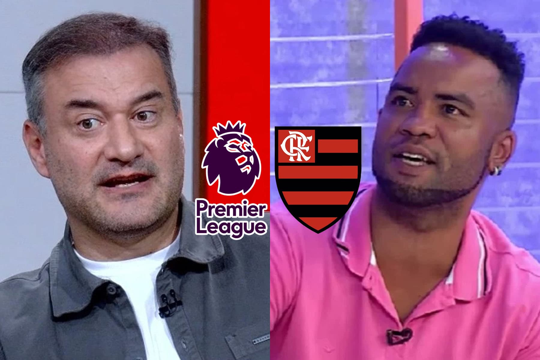 Montagem com rodrigo bueno e carlos alberto ao fundo, no centro, logo da premier league e escudo do flamengo