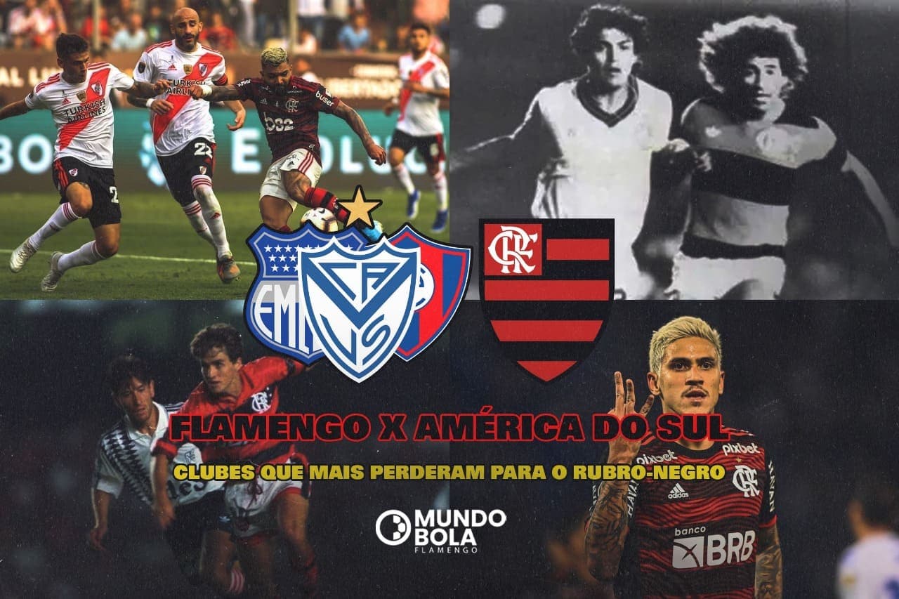 Montagem com quatro fotos de partidas do Flamengo contra time da américa do sul. No meio, escudos do flamengo, vélez, emelec e cerro porteño. Abaixo, os dizeres: "flamengo x américa do sul. clubes que mais perderam para o rubro-negro"