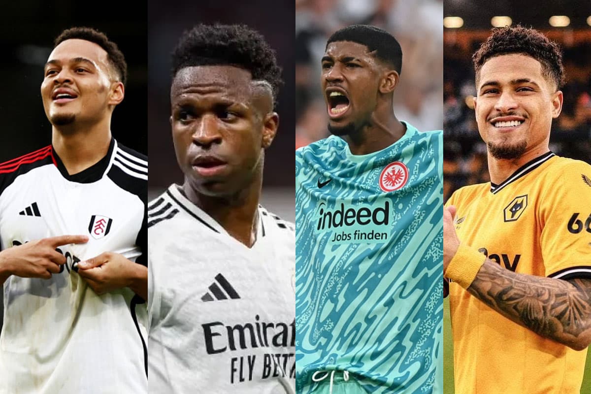 Montagem com jogadores da esquerda pra direita: Muniz (Fulham), Vini Jr (Real Madrid), Kauã Santos (Frankfurt) e João Gomes (Wolves)