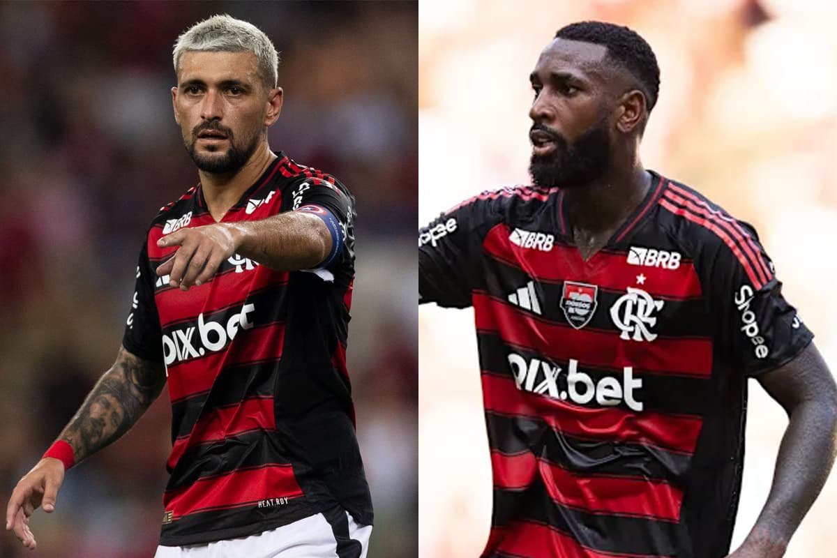 Montagem com Gerson e Arrascaeta em campo pelo Flamengo