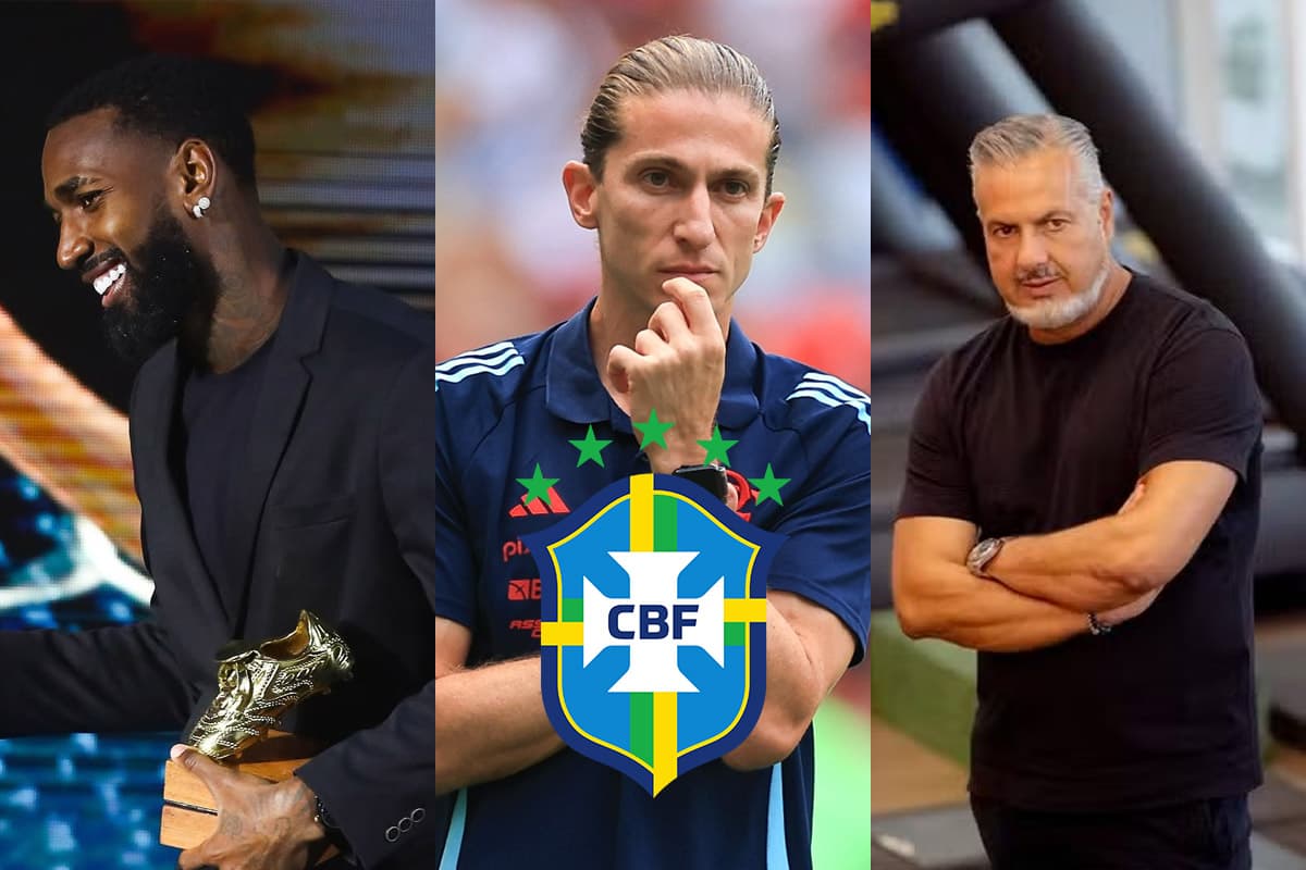 Montagem da esquerda pra direita com fotos do Gerson, Filipe Luis e José Boto. No centro, a logo da CBF