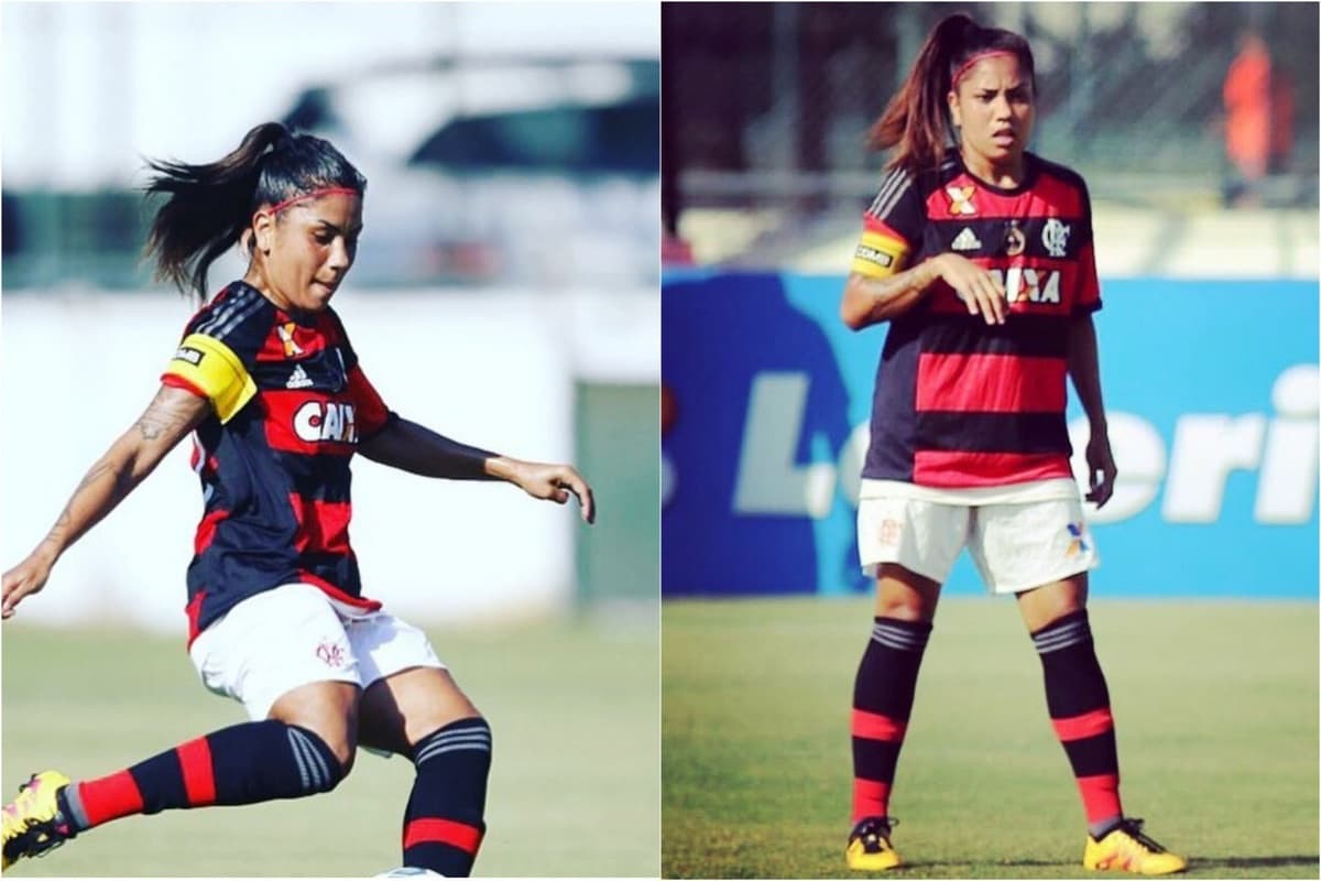Nas duas imagens Maurine está em campo com o Manto Rubro-Negro