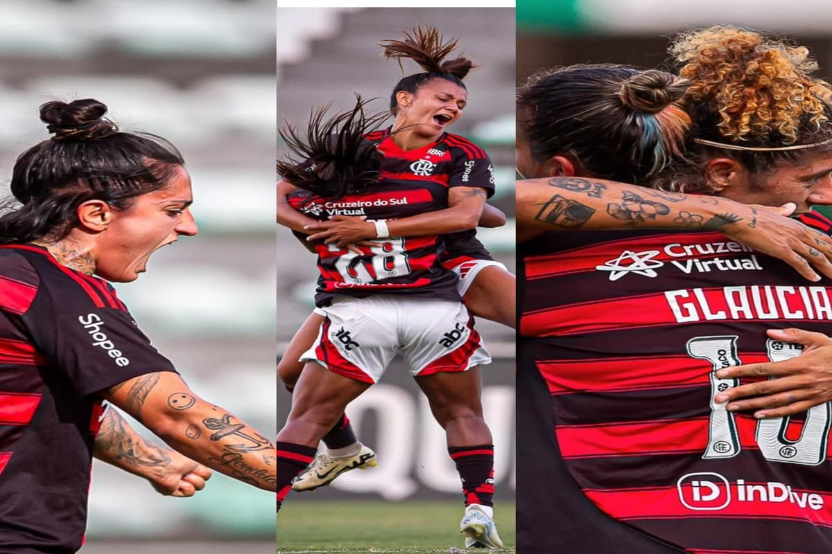 Fernanda, Laysa, Glaucia e Cristiane são destaques na montagem com três fotos. Todas estão comemorando gols na partida contra o Real Brasília