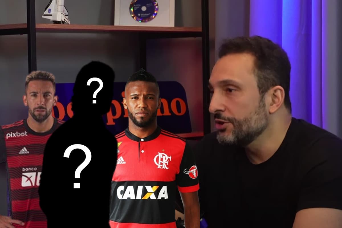 Montagem com o jornalista Vitor Sergio Rodrigues no fundo, com Isla e Rafael Vaz com a camisa do flamengo, ao lado de um jogador misterioso