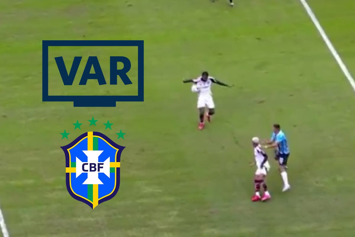Montagem com um lance de Flamengo x Grêmio, com as logos do VAR E CBF