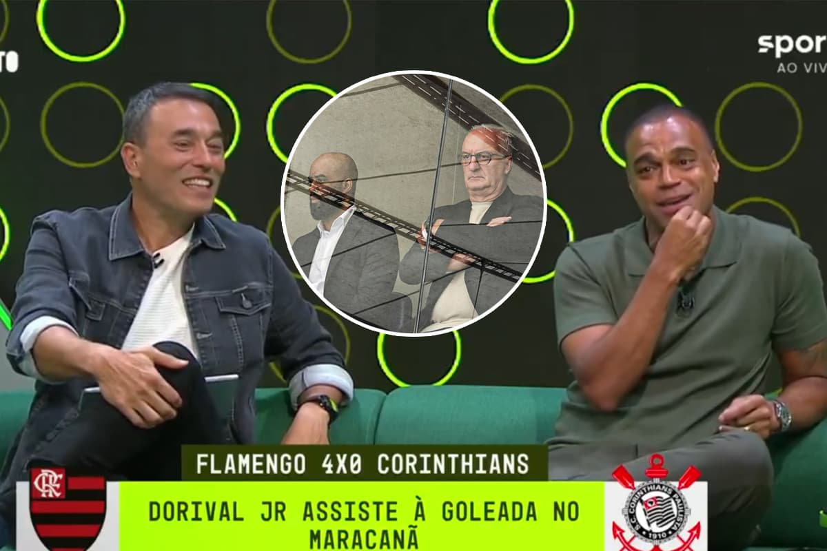 Montagem com Denílson e André Rizek no Fechamento SporTV. Ao centro, Dorival Jr e Fabinho assistindo Flamengo x Corinthians no Maracanã
