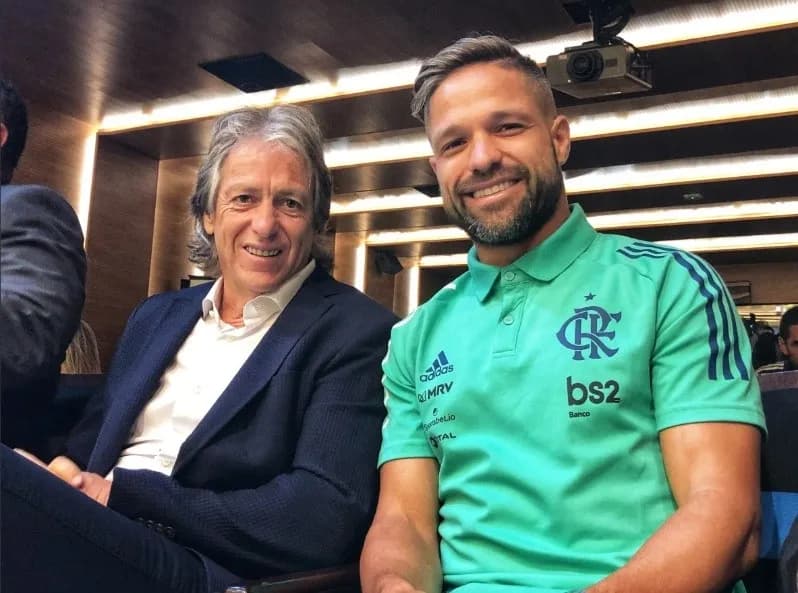 Diego Ribas e Jorge Jesus lado a lado antes da coletiva da Supercopa do Brasil 2020