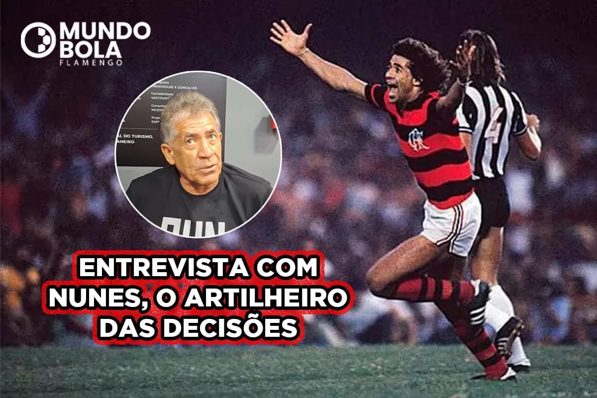 Montagem com Nunes comemorando gol do título de 1980, logo do MundoBola Flamengo no canto superior esquerdo. No lado esquerdo, uma foto da entrevista com Nunes com os dizeres abaixo: "Entrevista com Nunes, o artilheiro das decisões"