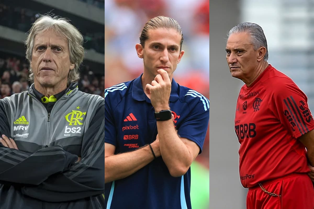 Montagem da esquerda pra direita com Jorge Jesus, Filipe Luís e Tite