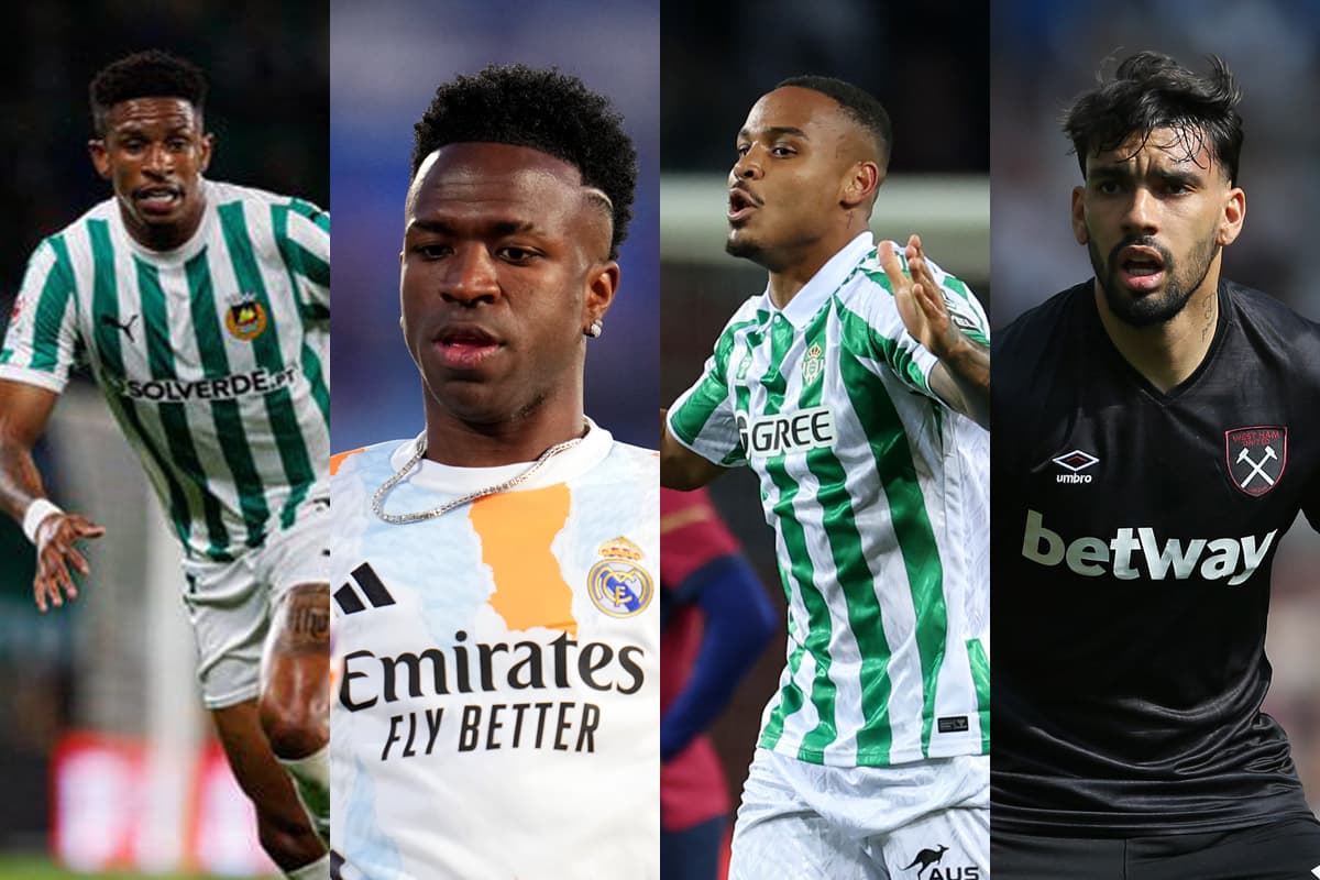 Montagem com jogadores da esquerda para a direita: André Luiz (Rio Ave), Vini Jr (Real Madrid), Natan (Real Bétis) e Lucas Paquetá (West Ham)