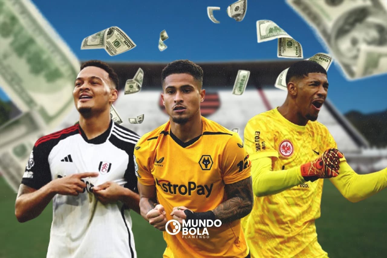 Monatagem com Rodrigo Muniz, João Gomes e Kaua santos. Ao fundo, o estádio da Gávea com notas de dinheiro voando