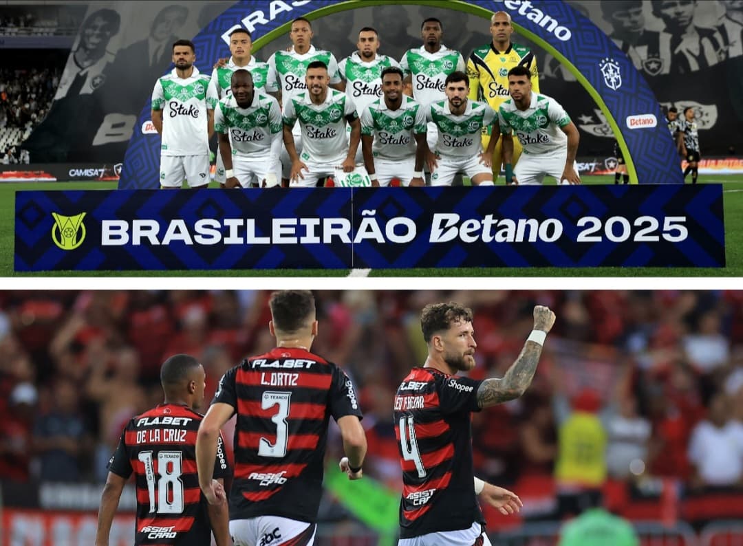 Time do Juventudo perfilado acima, e Flamengo comemorando gol abaixo