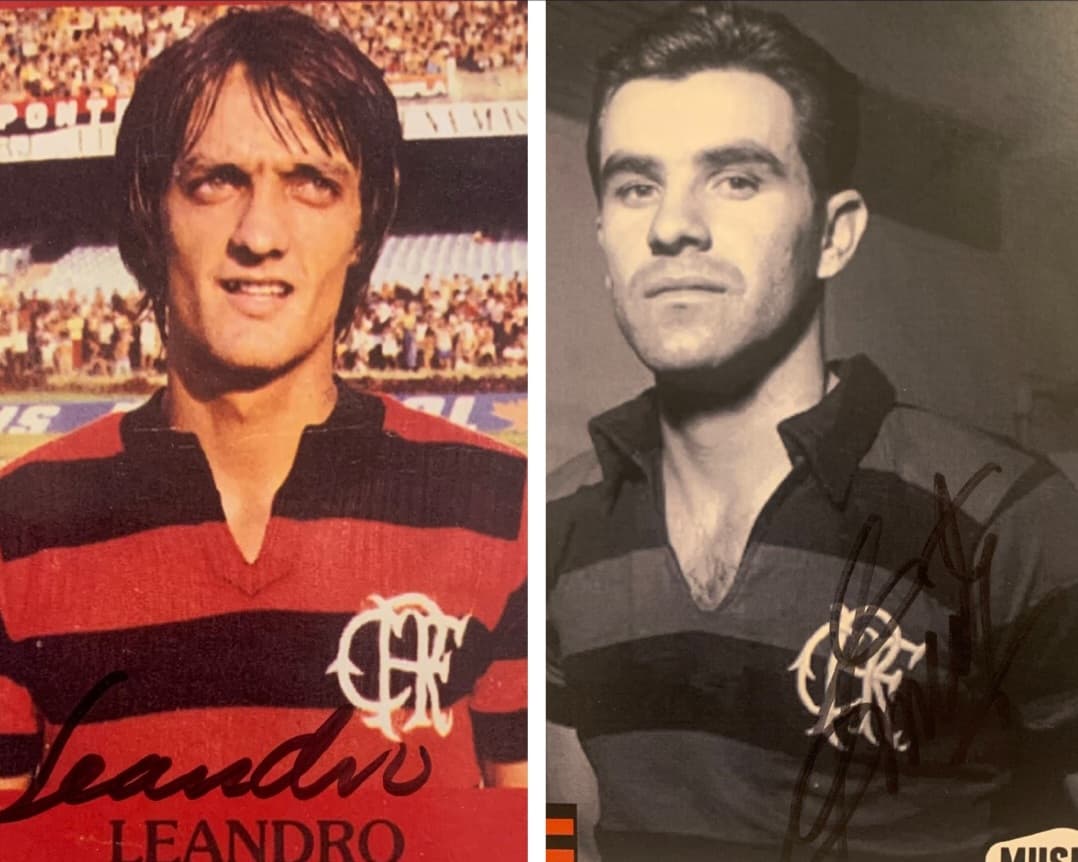 Caros autografados por Evaristo de Macedo e Leandro, ídolos do Flamengo