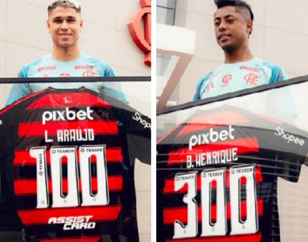 Luiz Araújo e Bruno Henrique homenageados pelo Flamengo no Ninho do Urubu
