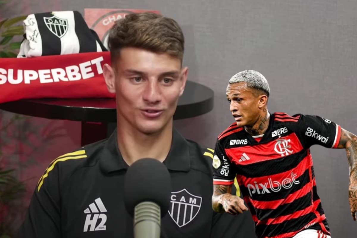 Montagem com Natanael no Charla Poedcast com uma foto de Wesley jogando pelo Flamengo