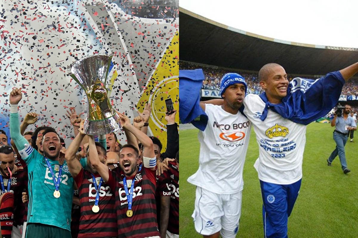 Montagem com fotos do Flamengo de 2019 e Cruzeiro de 2003