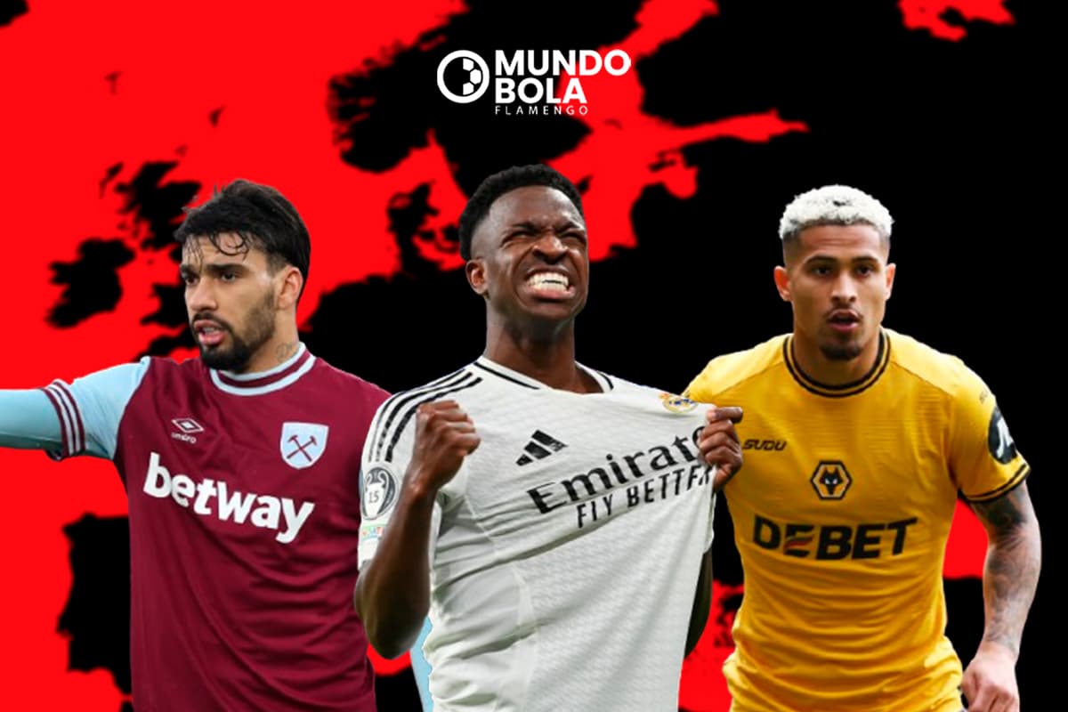 Montagem com Vinicius Jr, João Gomes e Paquetá com o continente europeu com as cores rubro-negras