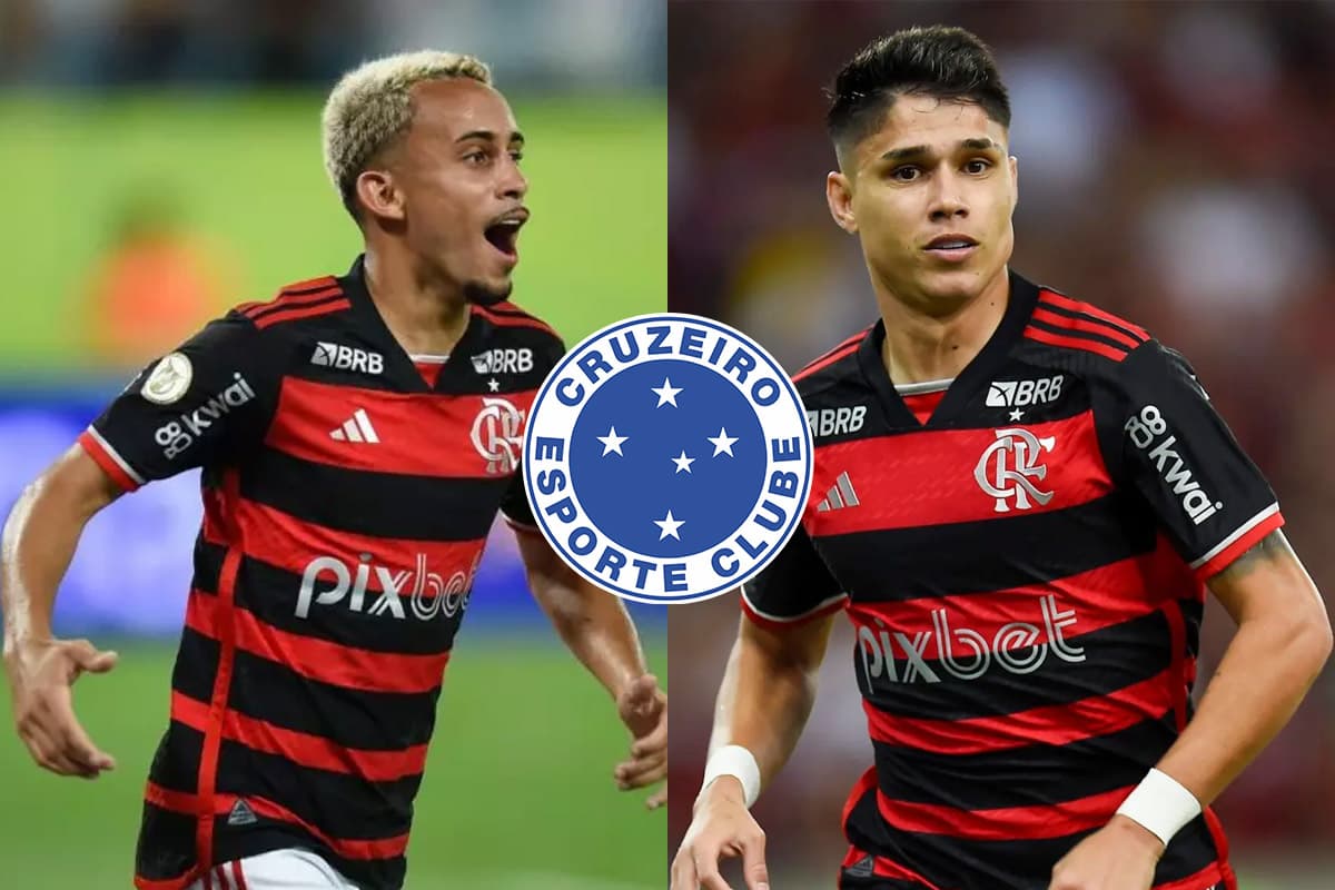 Montagem com as fotos de Luiz Araújo e Matheus Gonçalves com o escudo do Flamengo no centro