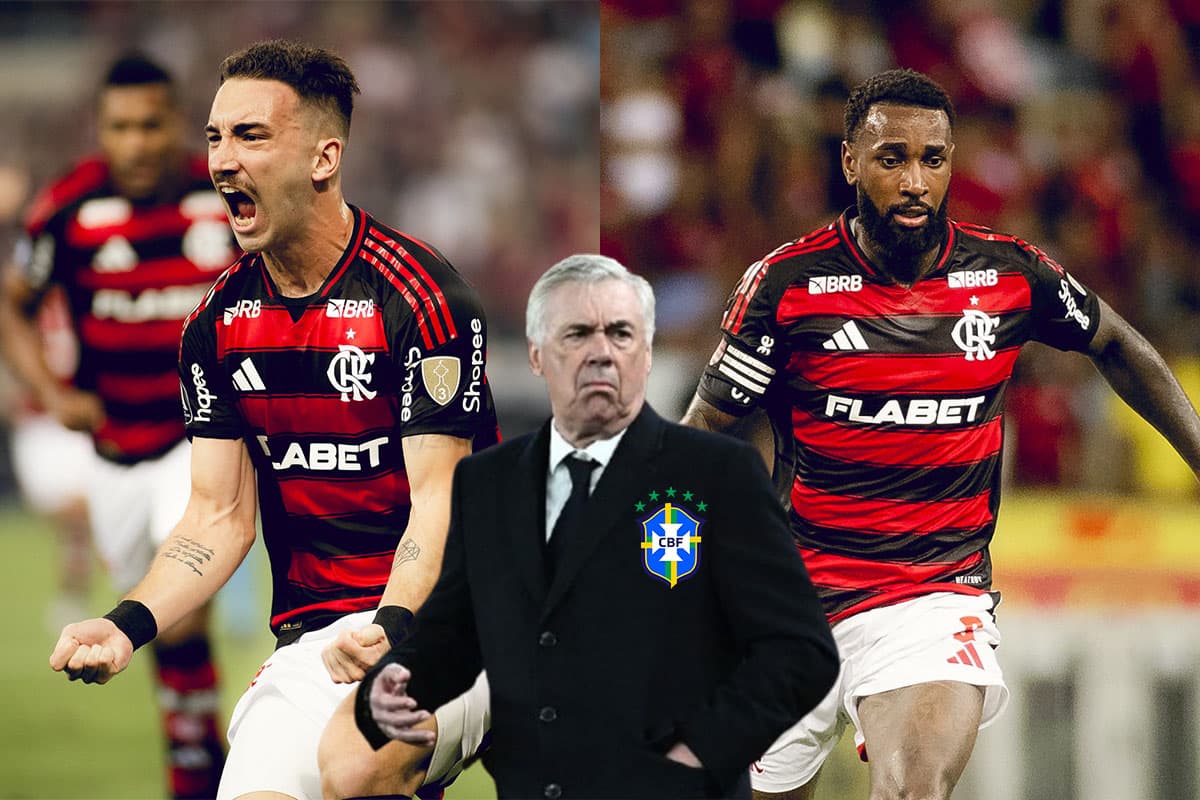 Montagem com Léo Ortiz e Gerson pelo Flamengo. Ao centro, Carlo Ancelotti com escudo da CBF no peito