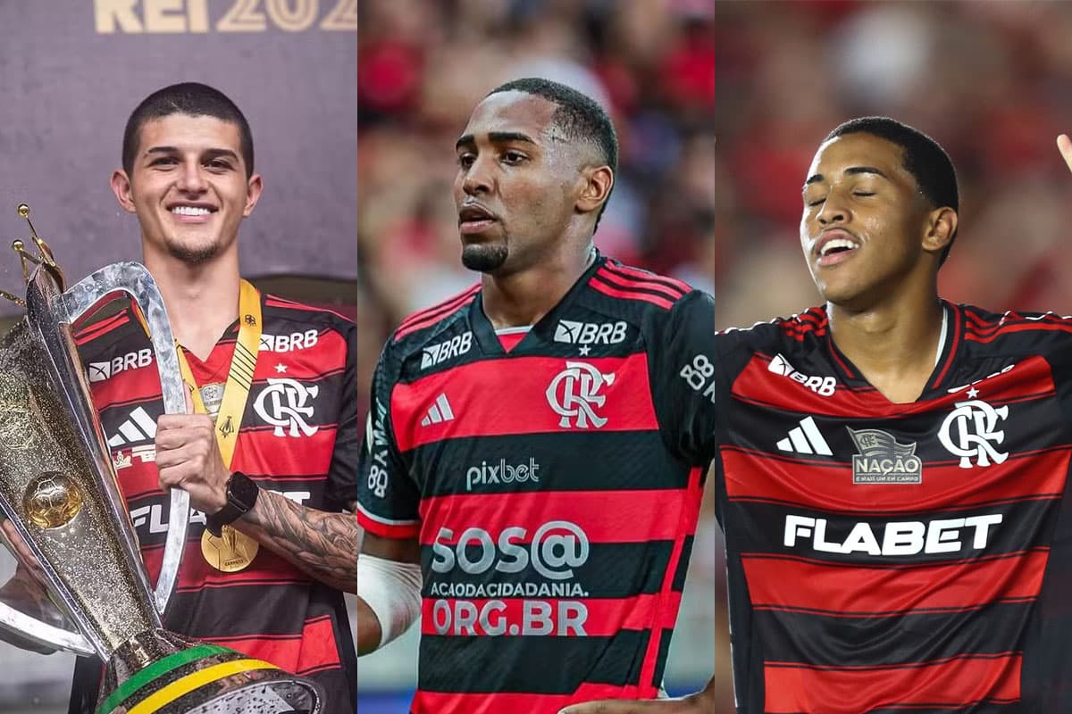 Montagem com as fotos de Pablo Lúcio, Lorran e Joshua, todos do Flamengo