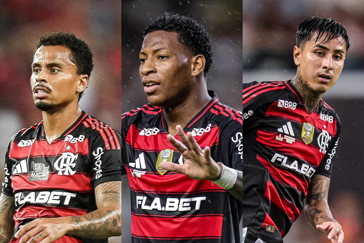 Montagem com as fotos de Allan, Plata e Pulgar com a camisa do Flamengo