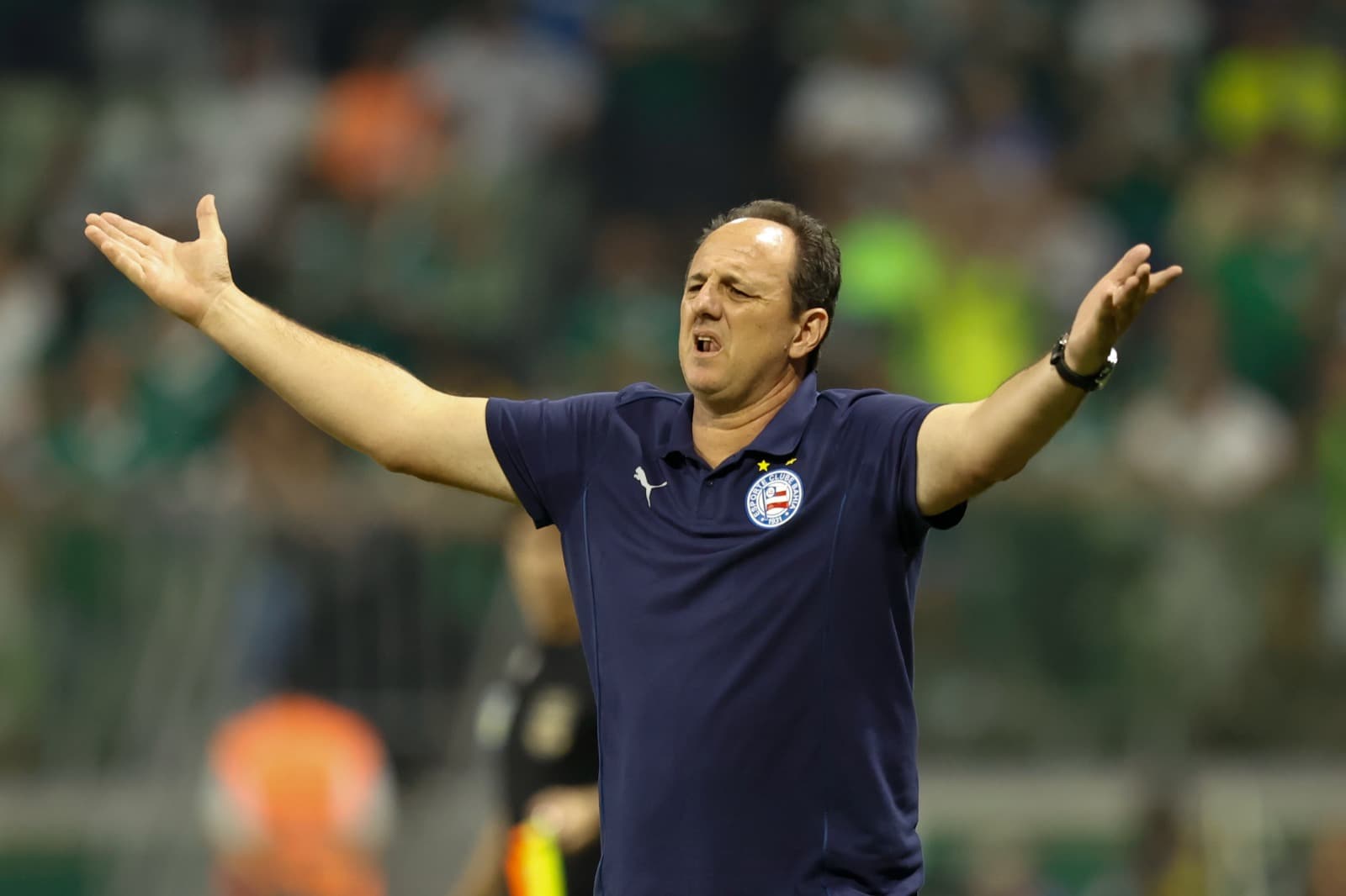 Rogério Ceni reclama com os braços abertos em jogo do Bahia no Brasileirão