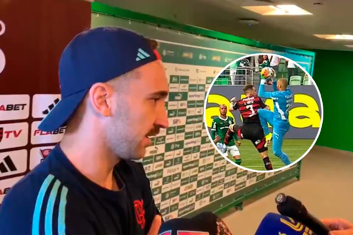 Montagem com Léo Ortiz na zona mista com o lance da joelhada de Weverton no zagueiro durante Palmeiras x Flamengo